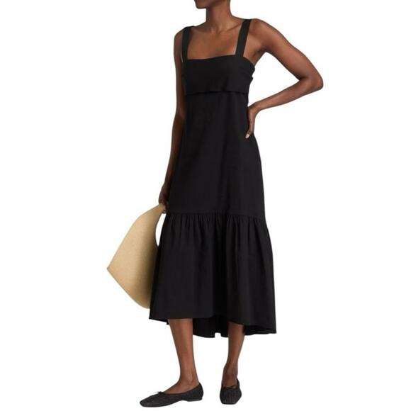 Theory Linen Blend Midi Ruffle Hem Dress Black Sz Small Resort Vacation Classic - Picture 1 of 16